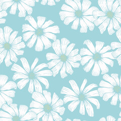 Fototapeta na wymiar Tender light blue seamless pattern with white chamomile flowers. Vintage hand drawn illustration of beautiful daisy flower, botanical texture for textile, wrapping paper, surface, background