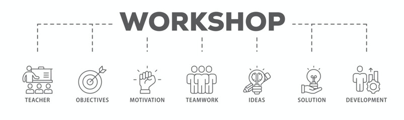 Workshop banner web icon vector illustration concept with icon of teacher, objectives, motivation, teamwork, ideas, solution, and development
