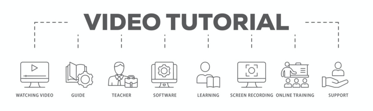 Video tutorial banner web icon vector illustration concept with icon of watching video, guide, teacher, software, learning, screen recording, online training, support
