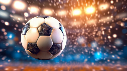 Naklejka premium Soccer ball on stadium, football arena banner background in neon light ai generative 