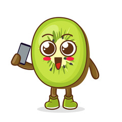 kiwi fruit cartoon character holding a smartphone