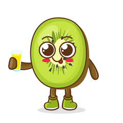 kiwi Fruit Cartoon Mascot Character Presenting And Holding Up A Glass Of Juice. Cute kiwi cartoon character holding a glass with juice.