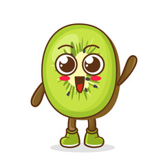 A happy kiwi waving its hands. Cute funny kiwi fruit waving hand character