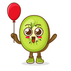 Cartoon of kiwi fruit holding a balloon , character design