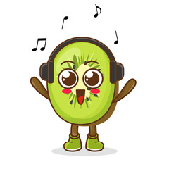 Cute cartoon kiwi character listening to music and enjoy. Vector character illustration icon isolated on white. kiwi Fruit cartoon mascot character Listening music on a headset