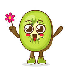 Cute cartoon kiwi fruit character holding flower