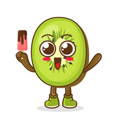 Cute smiling cartoon style kiwi fruit character holding in hand ice cream, popsicle.