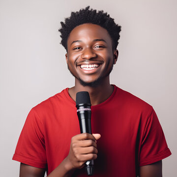 Jovem negro de camisa vermelha com microfone na m&atilde;o