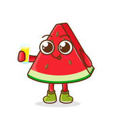 watermelon Fruit Cartoon Mascot Character Presenting And Holding Up A Glass Of Juice. Cute watermelon cartoon character holding a glass with juice.