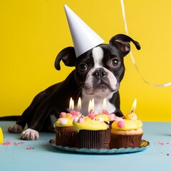 Naklejka na ściany i meble A cute Boston Terrier dog celebrating a birthday, with hat and cake on a simple background. Generative AI. 