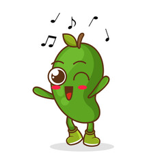 green mango Fruit cartoon mascot character Listening music. Cute green mango cartoon character dances to music