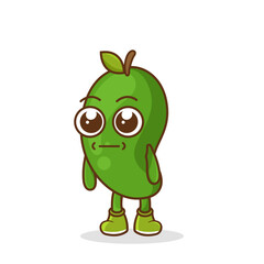 a picture of green mango fruit with a flat expression. No words straight face green mango fruit emoji. Vector flat design emoticon icon isolated on white background.