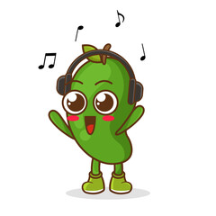 Cute cartoon green mango character listening to music and enjoy. Vector character illustration icon isolated on white. green mango Fruit cartoon mascot character Listening music on a headset