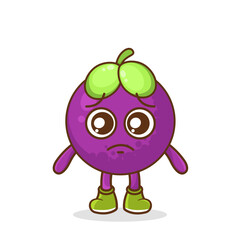 Cute sad mangosteen fruit character, mangosteen character with sad emotion, face, depressive eyes