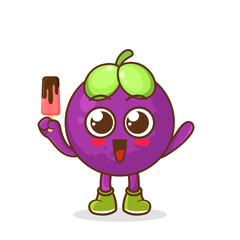 Cute smiling cartoon style mangosteen fruit character holding in hand ice cream, popsicle.