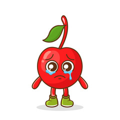 Funny crying emoticon. cherry character with tears in eyes