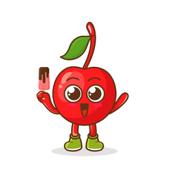 Cute smiling cartoon style cherry fruit character holding in hand ice cream, popsicle.