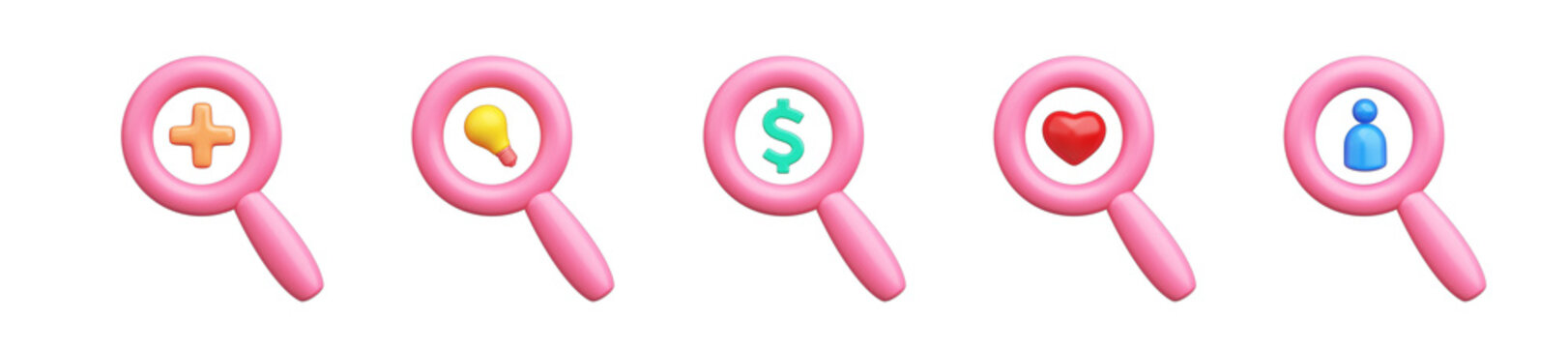 3d object pink magnifying glass cute kid style. Concept information search, dating, find people, financial business, imagination and creative. PNG file. 3D Illustration.
