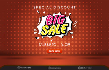 special discount big sale discount banner for social media post with blank space 3d podium for product sale with abstract gradient red and orange background design