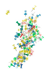 Push Pins in various color fly floating in mid air. Many group colour pins fall as office school stationary. Abstract pushpin explode unbox. White background isolated high speed shutter freeze motion