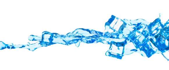 Ice Cubes fresh water pouring flying, crystal clear ice cool water wave floating, fall down in air. Fresh water Ice cube is frozen water healthy thirsty. White background Isolated high speed shutter