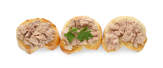 Tasty sandwiches with cod liver and parsley isolated on white, top view