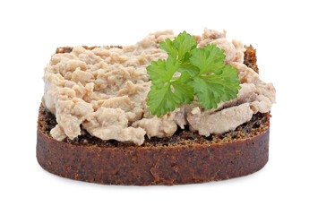 Tasty sandwich with cod liver and parsley isolated on white