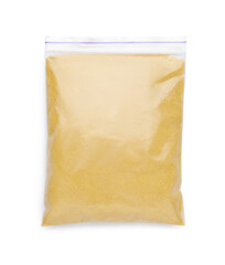 Brewer's yeast powder in plastic bag isolated on white, top view