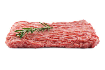 Raw fresh minced meat with rosemary isolated on white