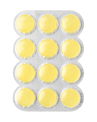 Obraz na płótnie Canvas Blister with yellow cough drops isolated on white, top view