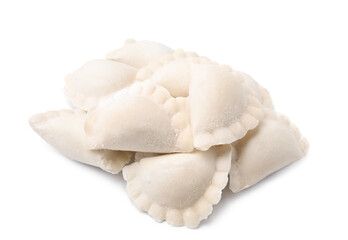 Fototapeta na wymiar Heap of raw dumplings (varenyky) with tasty filling on white background