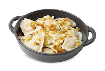 Cooked dumplings (varenyky) with tasty filling and fried onions on white background