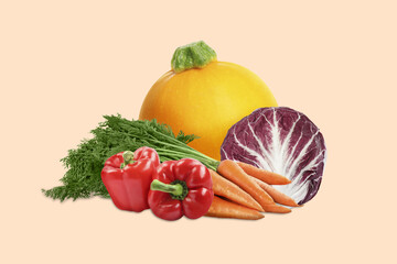Many different fresh vegetables on beige background