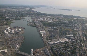 Aerial view of oil and gas storage tanks in Boston, Massachusetts