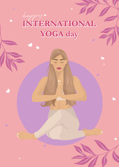 Happy International Yoga day background with beautiful girl, leaves and text. Romantic vector greeting card design.