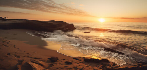 Coastal Awakening: A Serene Sunrise Illuminating the Beach Shoreline, Generative AI