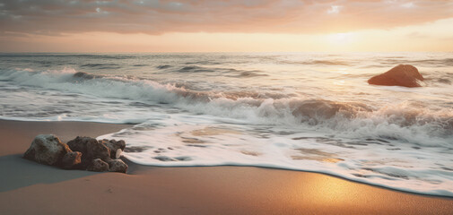 Fototapeta na wymiar Coastal Awakening: A Serene Sunrise Illuminating the Beach Shoreline, Generative AI