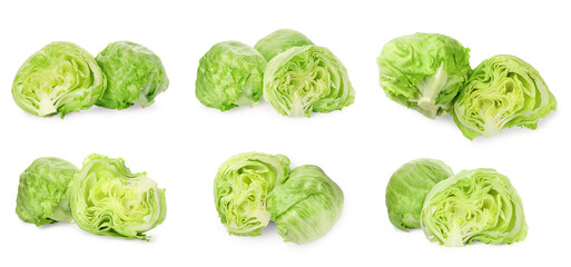 Collage with fresh lettuce heads on white background