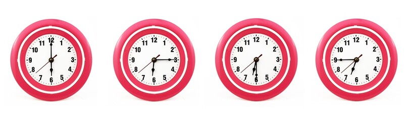 close up of a set of red wall clocks showing the time; 6, 6.15, 6.30 and 6.45 p.m or a.m. Isolated...