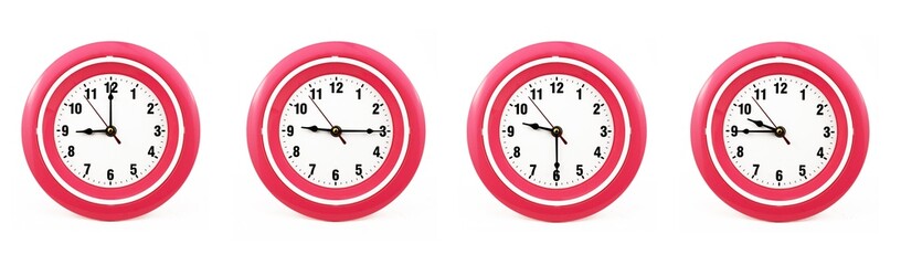 close up of a set of red wall clocks showing the time; 9, 9.15, 9.30 and 9.45 p.m or a.m. Isolated...