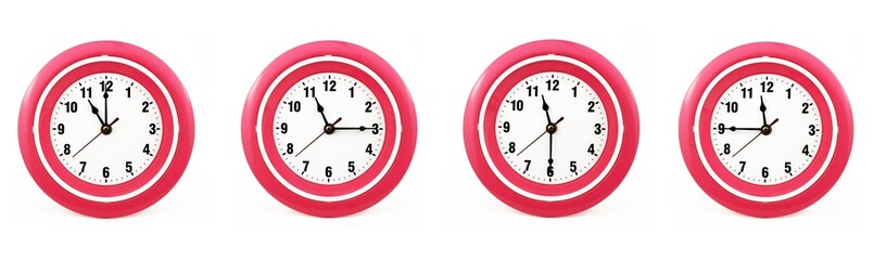 close up of a set of red wall clocks showing the time; 11, 11.15, 11.30 and 11.45 p.m or a.m. Isolated on white background
 - obrazy, fototapety, plakaty