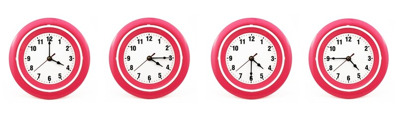close up of a set of red wall clocks showing the time; 4, 4.15, 4.30 and 4.45 p.m or a.m. Isolated on white background - obrazy, fototapety, plakaty