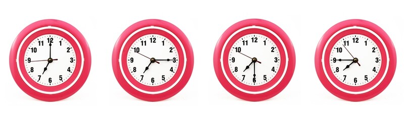 close up of a set of red wall clocks showing the time; 7, 7.15, 7.30 and 7.45 p.m or a.m. Isolated...