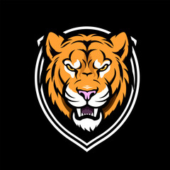 Tiger head mascot logo design vector with shield isolated on black background