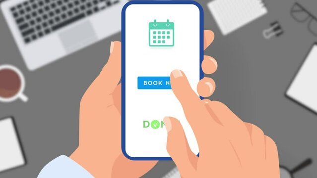 Booking From Mobile Phone. Business man At Office.  Click on Book Now Button in Smartphone Screen. online Booking Concept. Flat Animation 