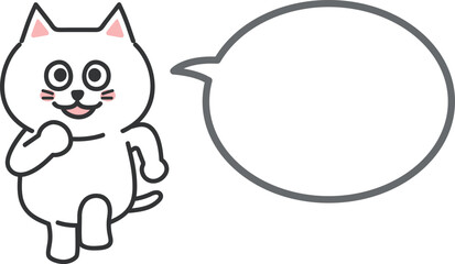 White cartoon cat talking while running with a speech bubble, vector illustration.