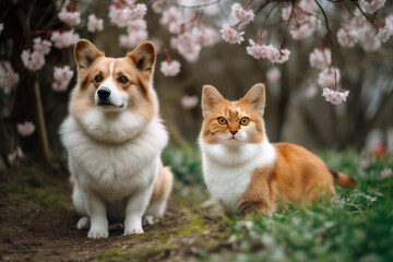 Furry friends red cat and corgi dog walking in a summer meadow, blooming background. Created using generative AI tools.