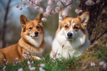 Naklejka na ściany i meble Group of the corgi dogs sitting on green grass, blooming trees on the background