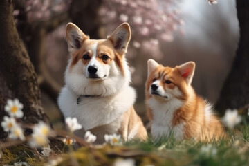 Naklejka na ściany i meble Group of the corgi dogs sitting on green grass, blooming trees on the background