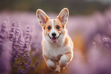 Fluffy corgi Pembroke puppy running in lavender field. Created using generative AI tools.
